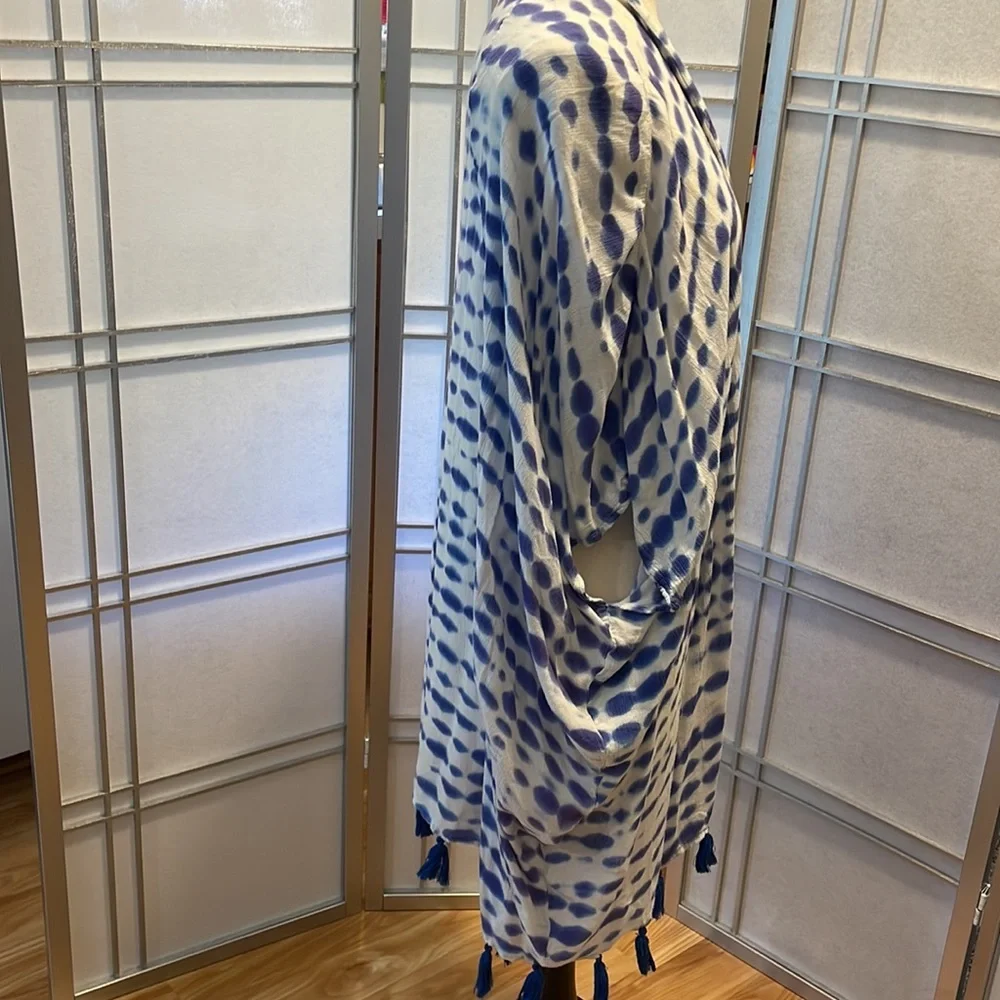 MUDPIE Swim Cover or Kimono Blue and White OS with tassels - Picture 2 of 5